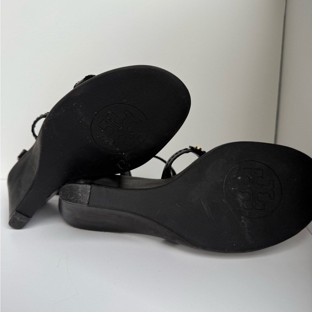 Tory Burch Black Leather Miller Logo Wedge Ankle Strap Sandals Size 7M - Picture 10 of 11